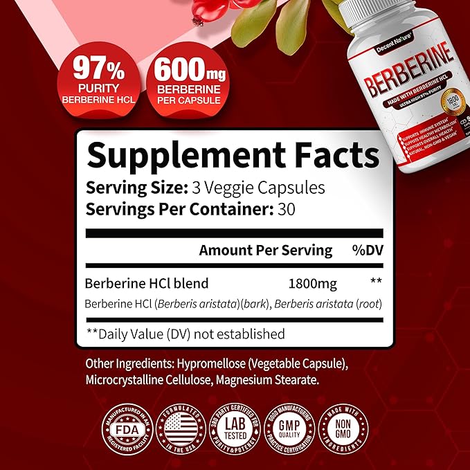Berberine Supplement 1800mg - Premium Berberine HCl 97% High Purity, Supports Immune System, High Potency Hydrochloride & Extract, Activates AMPK & GLP-1, Non-GMO Vegan, for Men Woman 90 Capsules
