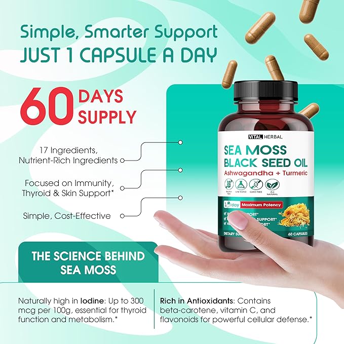 Sea Moss with Black Seed Oil, Ashwagandha, Turmeric & Moringa – Immune, Joint & Skin Support Supplement – 60 Capsules – Vital Herbal – Lab-Tested, Non-GMO, Made in USA