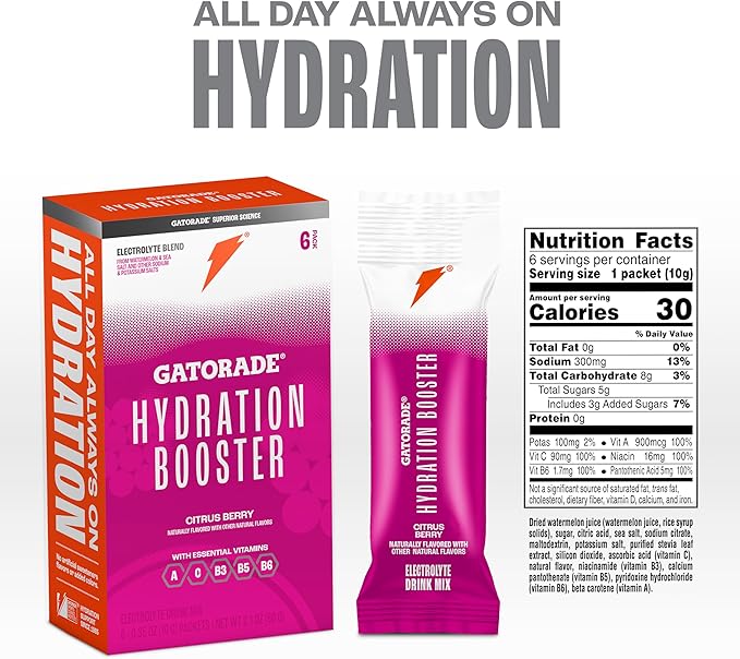 Gatorade Hydration Booster Electrolyte Drink Mix Powder Packets, Citrus Berry, Advanced Electrolyte Blend, No Added Colors, No Artificial Sweeteners, Essential Vitamins A, C, B3, B5, B6, Makes 20 Fl Oz, (6 Pack)