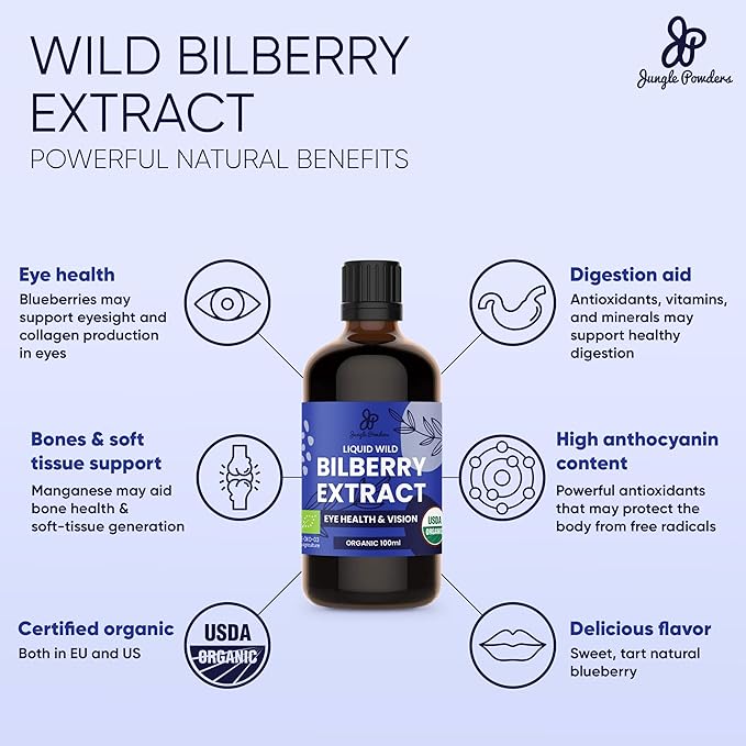 Grandpa Gifts from Granddaughter Wild Bilberry Extract USDA Organic Alcohol-Free 2x3.4oz Bottle of Liquid Bilberry Gift for Grandpa Health Gifts for Eyes High Bioavailability Liquid Extract 40 Serving