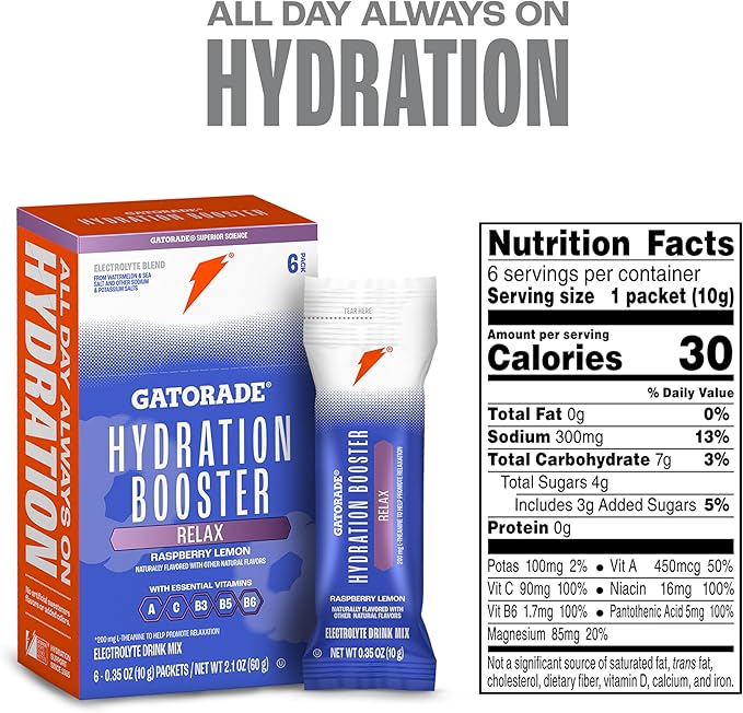 Gatorade Hydration Booster Electrolyte Drink Mix Powder Packets, Relax and Unwind, Raspberry Lemon, Makes 20 Fl Oz (6 Pack)