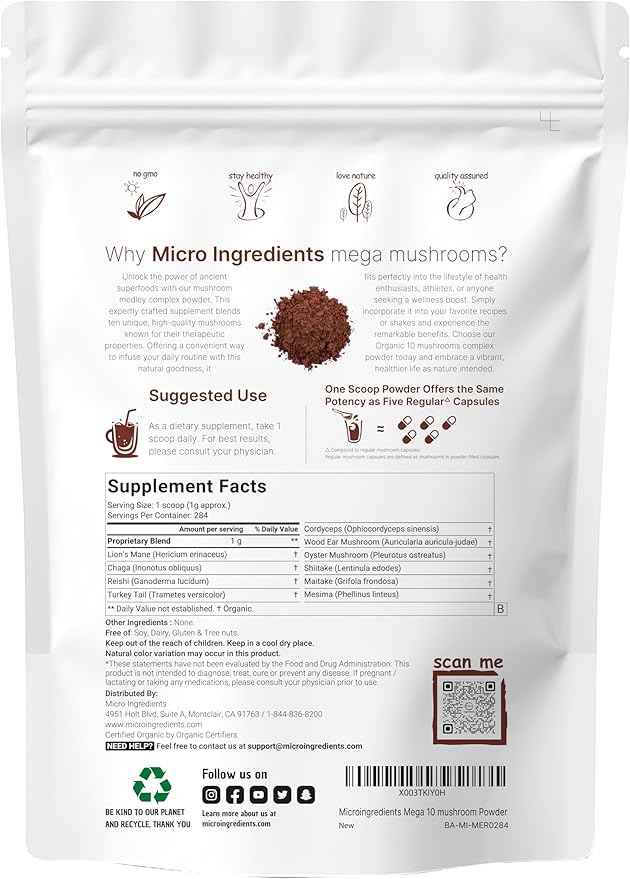 Micro Ingredients Organic Mega Mushroom Powder,10 Ounce (284 Days Supply) | 10 in 1 Complex Formula for Immune System Booster | Chaga, Lions Mane, Cordyceps, Reishi & More | Filler Free, Vegan