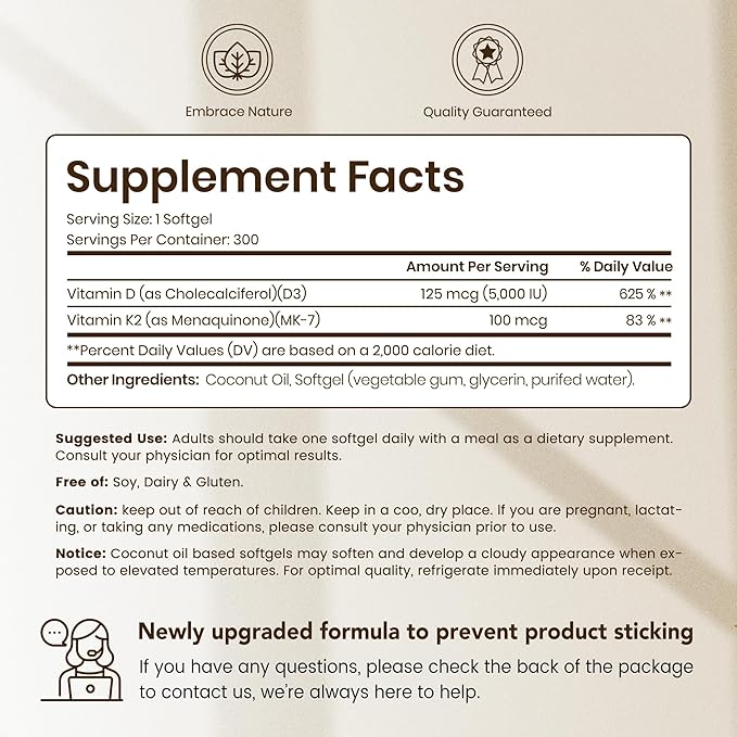 VEV Vitamin D3 K2, 5000 IU D3 100mcg K2 (MK 7), 300 Softgels, Corefeel 2-in-1 Vitamin D & K Supplement with Coconut Oil, Supports Calcium Absorption and Bone Health, Easy to Swallow