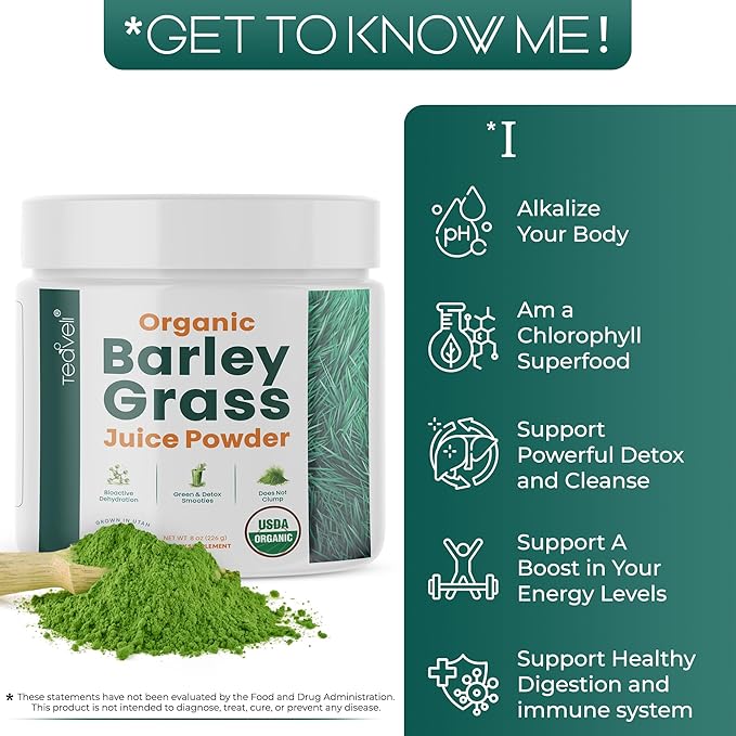Organic Barley Grass Juice Powderβ Raw, Utah Grown Barley Grass Juice Extract for Detox- Complements Wheatgrass Juice- Made in USA Without Gluten, Additives or Preservatives- 8 oz (226 Grams)
