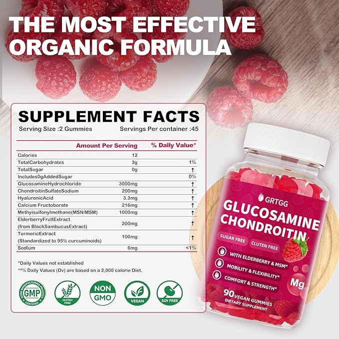 Glucosamine Chondroitin Gummies with MSM & Elderberry Extra Strength 3000MG - Joint Support, Antioxidant Immune Support Supplement for Adults, Men & Women - 90 Raspberry Gummies