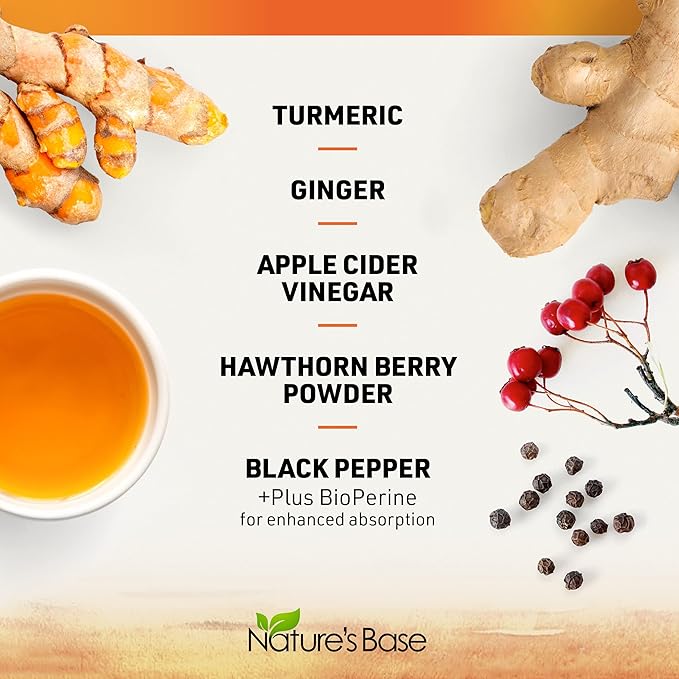 Nature's Base Turmeric and Ginger Supplement - with Curcumin, Apple Cider Vinegar & BioPerine Black Pepper Extract - 95% Curcuminoids - 120 Capsules