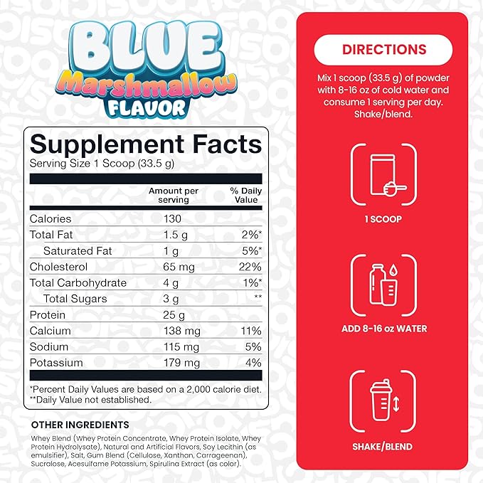 Whey Protein Powder, 25g Protein, Complete Amino Acid Profile, Gluten-Free, Low Fat, RBST-Free, Supports Muscle Recovery & Antibody Health (5 Pound, Blue Marshmallow)