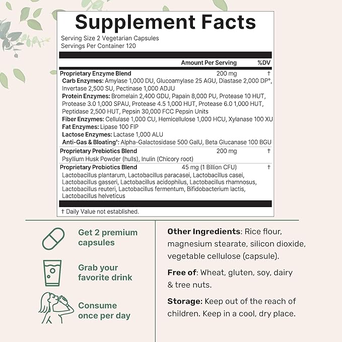 Super Enzymes with Prebiotics & Probiotics, 240 Veggie Capsules | High Potency Digestive Enzymes For Women & Men | Probiotic, Bromelain, Psyllium Husk & More | Immune & Gut Health Support