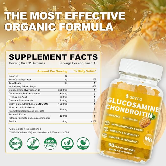 Glucosamine Chondroitin Gummies with MSM & Elderberry Extra Strength 3000MG - Joint Support, Antioxidant Immune Support Supplement for Adults, Men & Women - 90 Pineapple Gummies