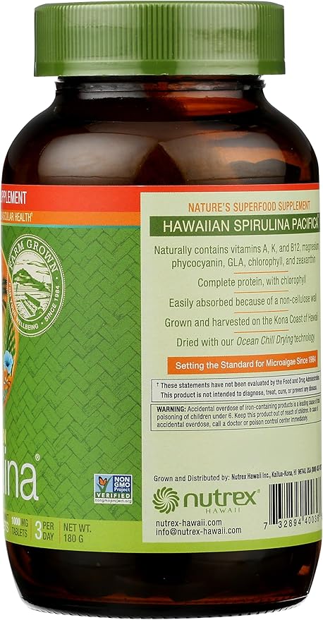 Nutrex Hawaii, Pure Hawaiian Spirulina, 1000 mg Spearmint Tablets, 180 Count, Vegan, Supports Immune System, Heart, Cells and Energy