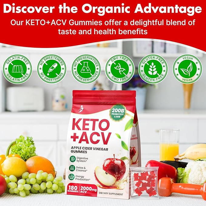Apple Cider Vinegar Gummies, Advanced ACV Gummy with Probiotics, BHB, B12 and Keto Support - Keto Acv Gummies for Detox, Metabolism, Digestion, Gut & Immune Health - Sugar Free, Vegan, 180 Counts