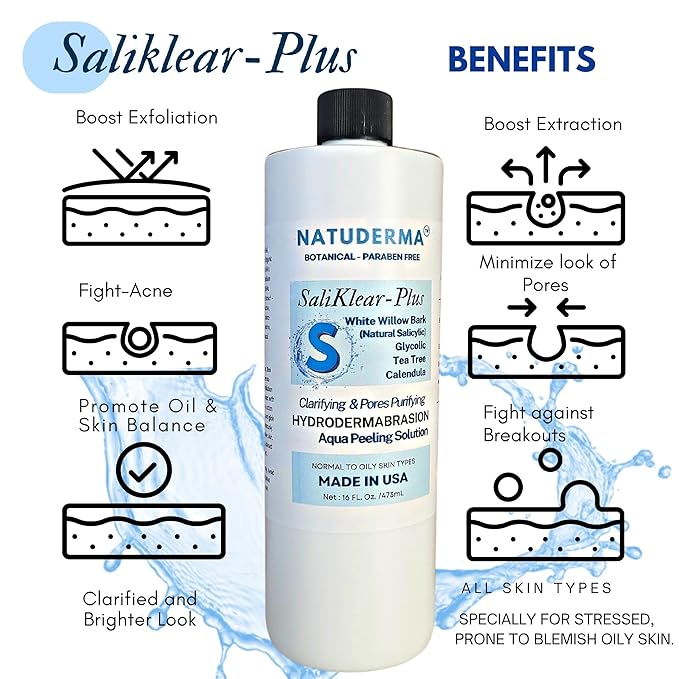 Hydrodermabrasion Serum SALIKLEAR, Extraction - Exfoliation -Unclog Pores Solution for Wet Microdermabrasion or Aqua Peeling machine, 16 oz. by Natuderma.