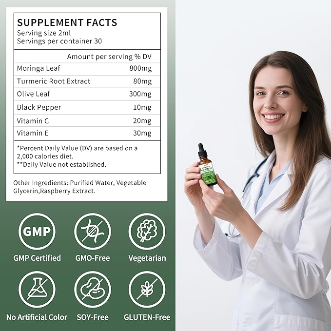 2 Pack(4 Fl Oz) Moringa Liquid Drops 800 mg for Women- with Moringa Oleifera Leaf Extract, Turmeric Root Extract, Olive Leaf, Black Pepper, Vitamin C & E,Antioxidant, Energy and Immunity Support.