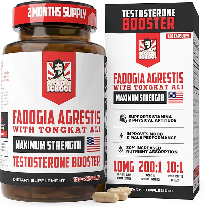 Old School Labs Testosterone Supplement for Men – Fadogia Agrestis 1500mg Max Potency + Tongkat Ali & BioPerine® – Muscle Growth, Recovery, Drive & Stamina – 120 Caps, 40 Servings