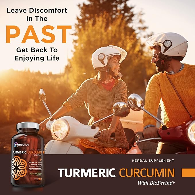 OmniBiotics Organic Turmeric Curcumin Supplement with Black Pepper Extract β 1500mg Turmeric with 95% Curcuminoids & BioPerine, High Absorption for Joint Support β 120 Vegan Capsules