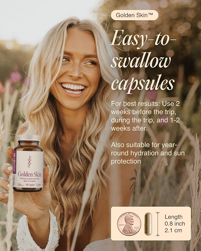 Golden Skin Tanning Supplement for Women & Men – Potent Tanning Pills with Beta Carotene, Lutein & L-Tyrosine for Skin Health | Natural Antioxidant Supplement & Tanning Vitamins | 90 Vegan Capsules