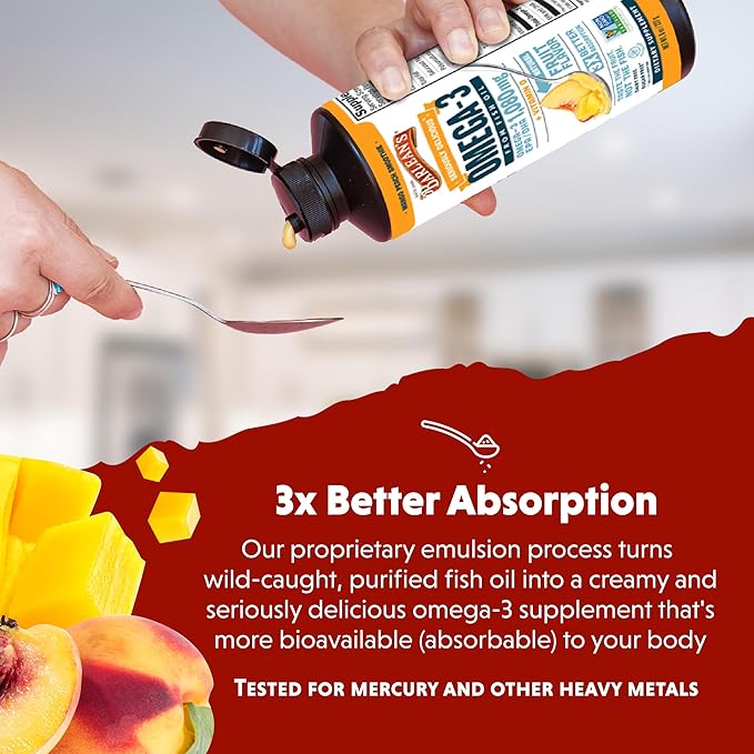 Barlean's Mango Peach Omega 3 Fish Oil Liquid Supplement with Vitamin D, 1080mg EPA & DHA Fatty Acid, Smoothie Flavored & Burpless for Brain, Joint, & Heart Health, 16 oz