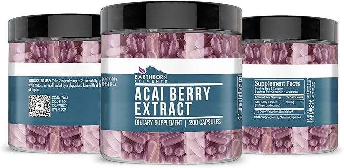 Earthborn Elements Acai Berry Extract 200 Capsules, Pure & Undiluted, No Additives