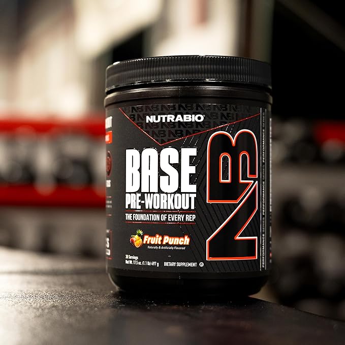 NutraBio Base Pre-Workout Powder 200mg Caffiene, Sustained Energy, Focus, Endurance, Pump, Sugar Free, Clean Preworkout for Men and Women - Beta Alanine, L-Tyrosine, 30 Servings - Fruit Punch