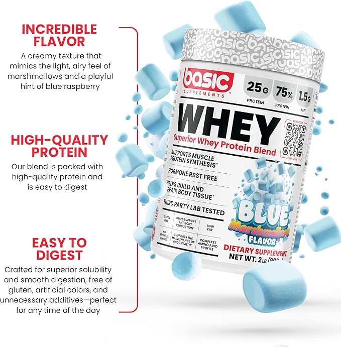 Whey Protein Powder, 25g Protein, Complete Amino Acid Profile, Gluten-Free, Low Fat, RBST-Free, Supports Muscle Recovery & Antibody Health (5 Pound, Blue Marshmallow)