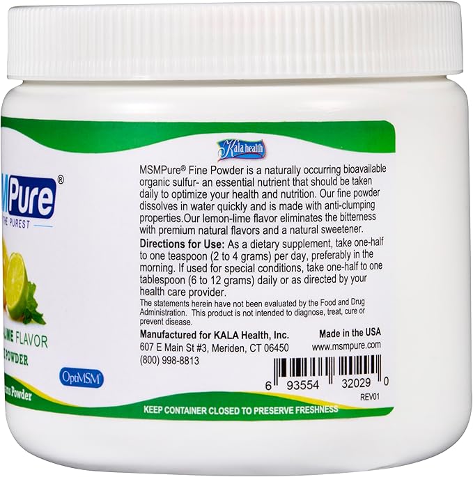 KALA HEALTH MSMPure Fast Dissolving Lemon Lime Flavored Fine MSM Powder Crystals – US-Made MSM for Joint Health, Skin Appearance, and Hair & Nail Support – 8.8 oz, Organic Sulfur