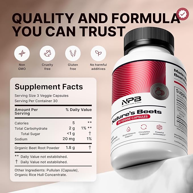 Nature's Pure Blend Organic Beet Root Powder 90 Capsules – Beet Root Capsules & Beets Supplements for Circulation – L Arginine – Nitric Oxide Supplements