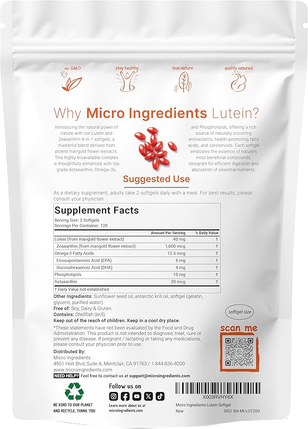 Micro Ingredients Lutein & Zeaxanthin 40mg Softgels, 240 Count, with Astaxanthin, Omega-3s, & Phospholipids | Eye + Vision Health Vitamins | Third Party Tested, Non-GMO, Gluten Free