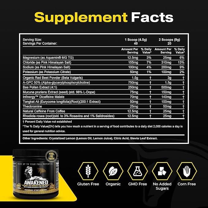 Awakened Natural Pre Workout Powder 12-in-1 | Conscious Energizer | Bee Pollen + N.O. Booster | Mucuna Pruriens, Tongkat Ali, Rhodiola, Alpha GPC & Trace Minerals | Spartan Bee Bread Brand, 40SV