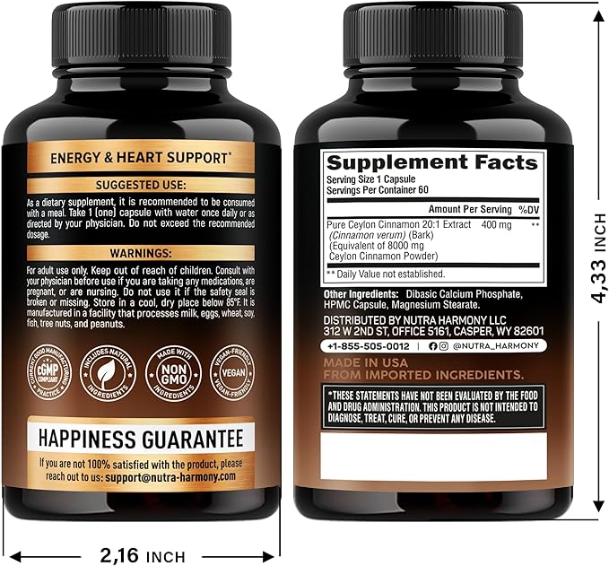 Ceylon Cinnamon Capsules - Extra Strength - Energy Heart & Metabolism Support for Men & Women - Pure Natural Cinnamon 20:1 Extract Supplement - GMO & Gluten Free - Made in USA - 60 Capsules 2 Month