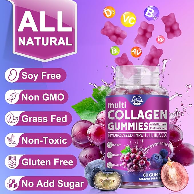 Nature's live Multi Collagen Peptides Gummies, Type I, II, III, V, X - Hydrolyzed Collagen Peptides Gummies, Supports Healthy Skin, Strong Nails & Thick Hair, Grape Blueberry Flavor, 60 Count, 2 Pack