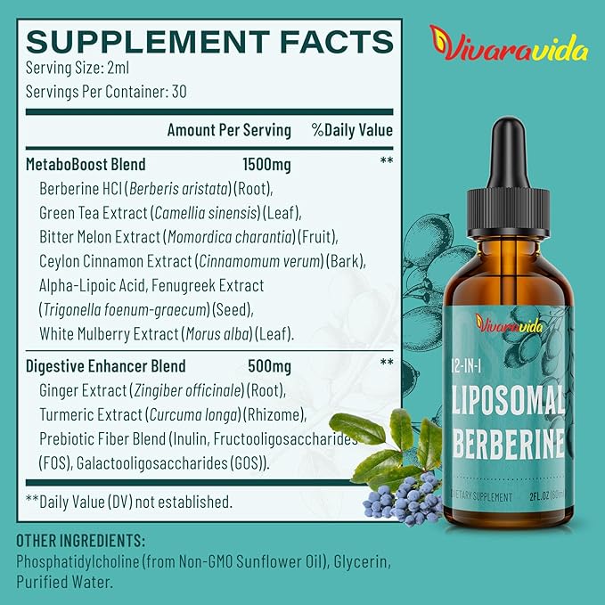 Berberine HCl Supplement 3000 mg - Liposomal Berberine HCl Liquid - AMPK Activator with Turmeric, Ceylon Cinnamon, 12 Natural Ingredients - 4 fl oz