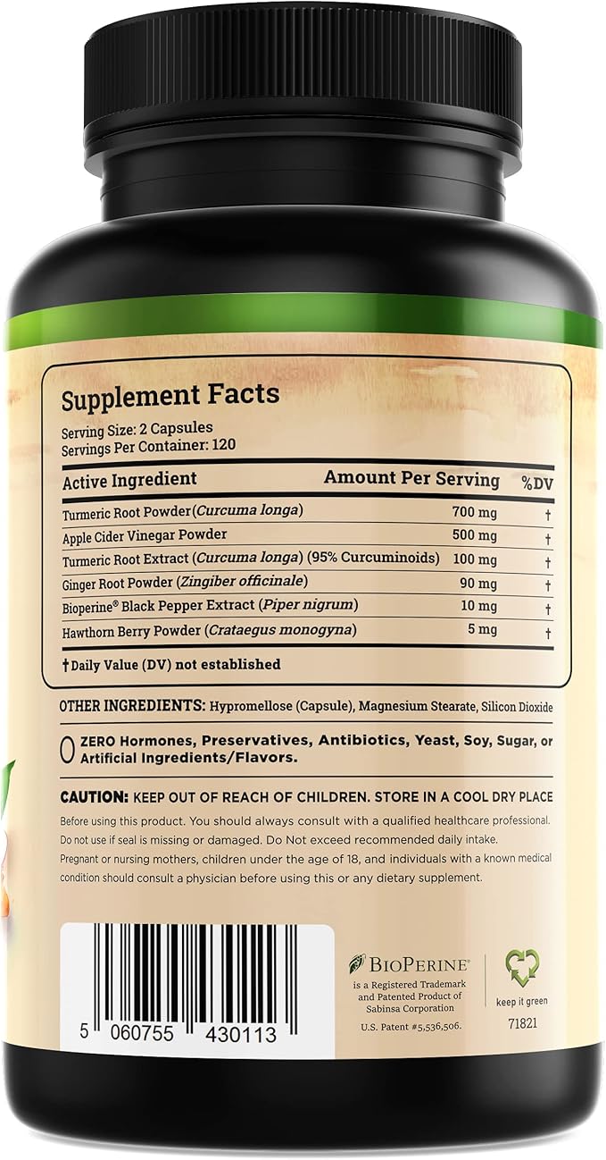 Nature's Base Turmeric and Ginger Supplement - with Curcumin, Apple Cider Vinegar & BioPerine Black Pepper Extract - 95% Curcuminoids - 240 Capsules