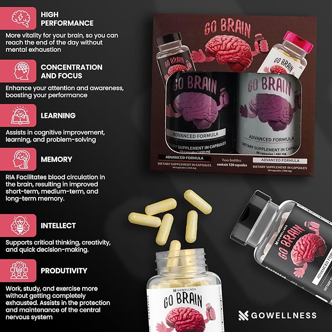 Nootropic Brain Support Supplement - Advanced Focus Supplement for Concentration, Premium Memory & Brain Booster with Vitamins, Coenzyme Q10, Phosphatyldyserine, Guarana, Zinc, Tyrosine, Amino Acids