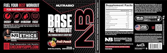 NutraBio Base Pre-Workout Powder 200mg Caffiene, Sustained Energy, Focus, Endurance, Pump, Sugar Free, Clean Preworkout for Men and Women - Beta Alanine, L-Tyrosine, 30 Servings - Fruit Punch