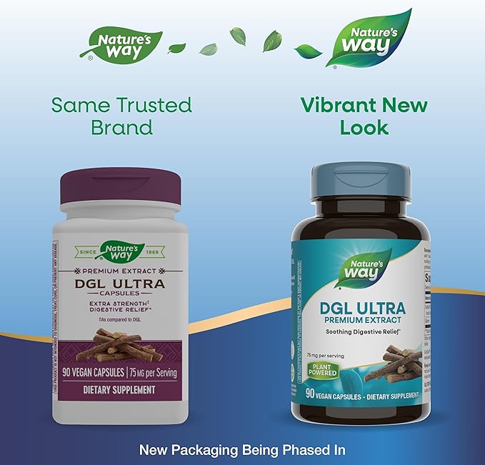 Nature's Way DGL Ultra, Premium Licorice Root Extract, Soothing Digestive Relief*, With GutGard, 75 mg per Serving, No Gluten, 90 Vegan Capsules (Packaging May Vary)