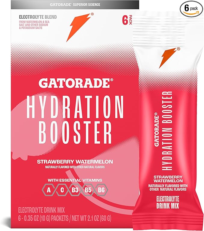 Gatorade Hydration Booster Electrolyte Drink Mix Powder Packets, Strawberry Watermelon, Advanced Electrolyte Blend, No Added Colors, No Artificial Sweeteners, Essential Vitamins A, C, B3, B5, B6, Makes 20 Fl Oz (6 Pack)