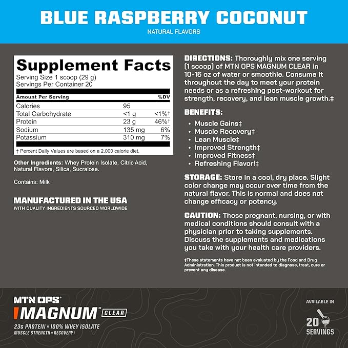 MTN OPS Magnum Clear Protein Powder – 23g 100% Whey Protein Isolate per Serving, Low Carb (<1g), Quick-Digesting, Gluten-Free, Low Lactose, Refreshing Blue Raspberry Coconut, 20 Servings