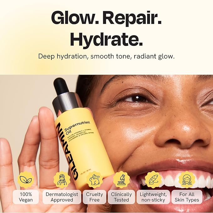 Gleamin Brightening Face Oil with Vitamin C & E, Turmeric, Jojoba & Cloudberry | Hydrating Facial Oil for Radiant Glow, Dark Spots, Fine Lines & Uneven Tone | Skin Brightening for Women & Men, 1 Fl Oz