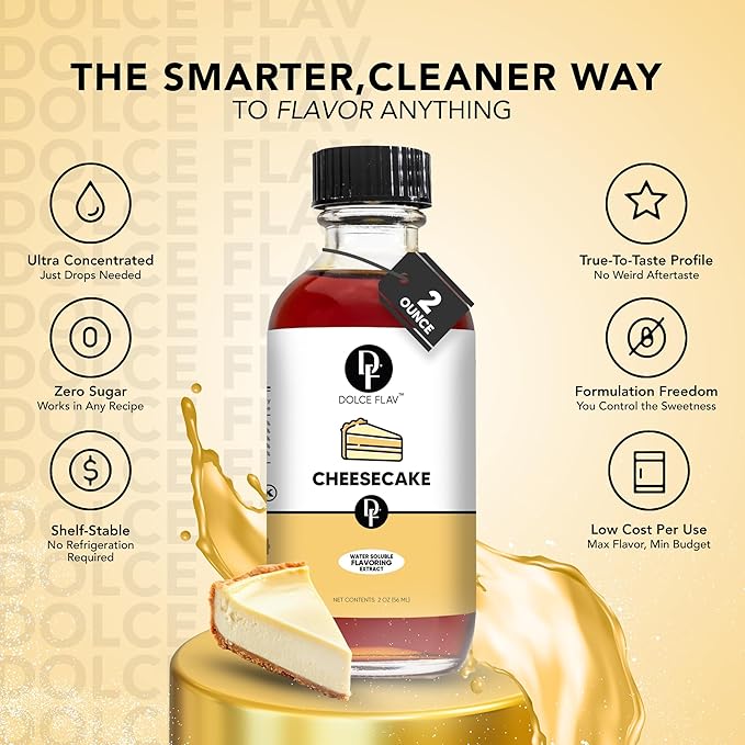 Dolce Flav Cheesecake Extract – 2 Ounce Water-Soluble Kosher, Sugar-Free, Concentrated Creamy Flavor for Desserts, Frostings & Pastries, Includes Measured Dropper