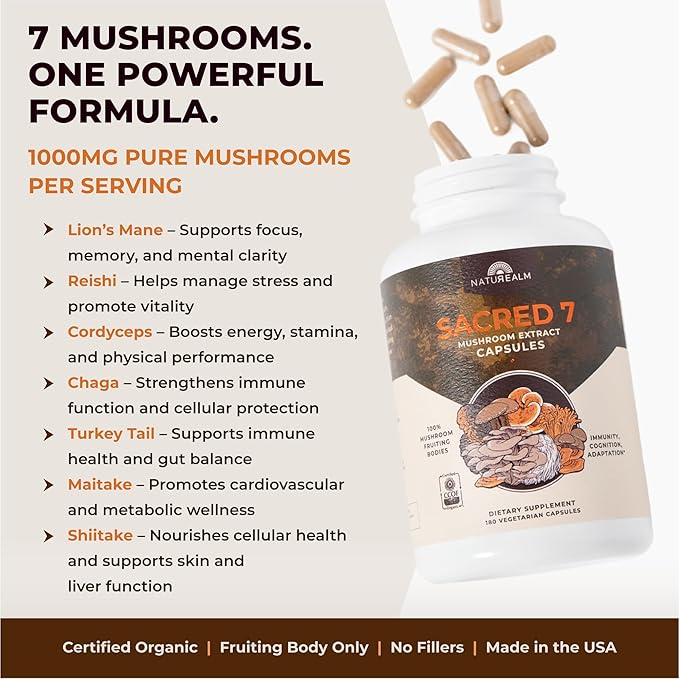 Naturealm Sacred 7 Organic Mushroom Extract Capsules - Premium 7 Mushroom Supplement with Lions Mane, Reishi, Chaga - USDA Organic Immune Support & Focus - 90 Vegetarian Capsules