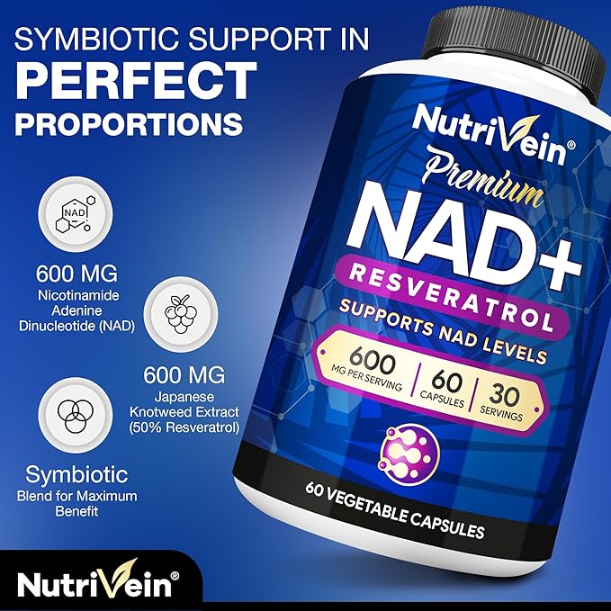 Nutrivein Premium NAD + Resveratrol Supplement 600 mg - 30 Servings (60 Capsules): Powerful Synergistic NAD Resveratrol Supplement - Aging, Cognition, Metabolism, & Overall Well-Being