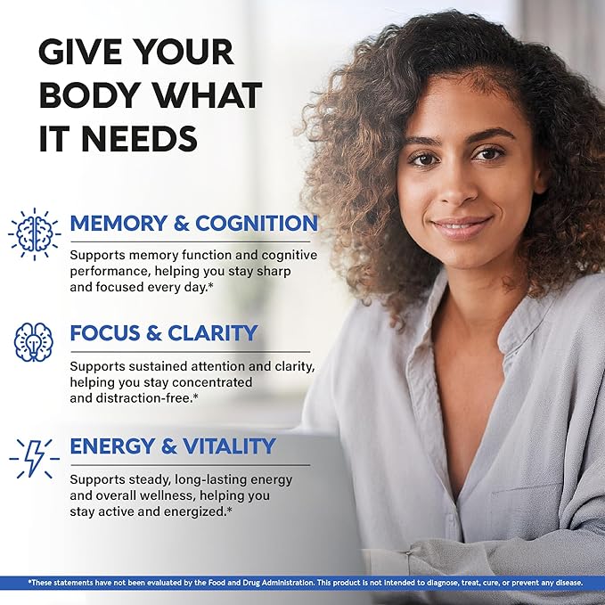 Brain Supplement for Memory & Focus 750 mg - Magnesium | L-Theanine | Bacopa Monnieri | Ginkgo Biloba | Lions Mane - 12in1 Nootropic Complex for Neuro Health - Caffeine-free - Made in USA, 60 Capsules