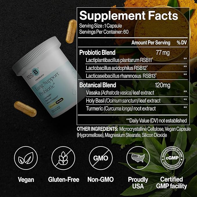 resB Lung Support Probiotic Supplement - Lung Health Supplement for Smokers, Gut Health, Immune & Digestive Support, Respiratory Care, Holy Basil & Turmeric, Clinically Trialed - 60 Capsules