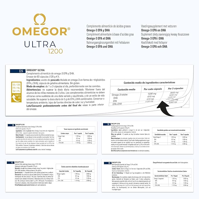 OMEGOR Omega 3 Fish Oil 1200mg Ultra - 610mg EPA and 510 DHA Omega3 IFOS Certified - High Bioavailability and No Aftertaste (60 Caps)