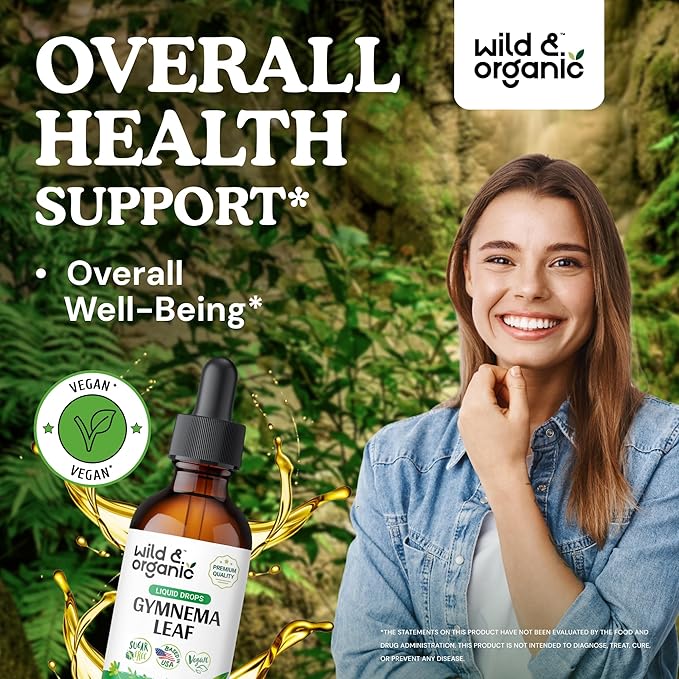 Wild & Organic Gymnema Sylvestre Extract Drops - Sugar-Free Gymnema Supplement for Overall Support - Gurmar Leaf Extract Tincture - Vegan, Alcohol-Free Liquid Drops - 2 fl oz