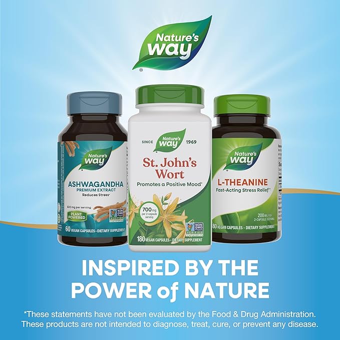 Nature's Way St. John's Wort Herb, Promotes a Positive Outlook*, 700 mg per 2-Capsule Serving, Non-GMO Project Verified, Vegan, 180 Capsules (Packaging May Vary)