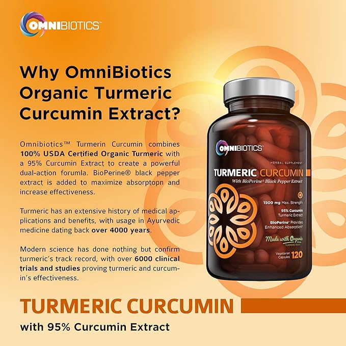 OmniBiotics Organic Turmeric Curcumin Supplement with Black Pepper Extract β 1500mg Turmeric with 95% Curcuminoids & BioPerine, High Absorption for Joint Support β 120 Vegan Capsules