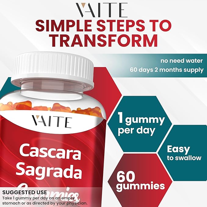 Cascara Sagrada Gummies - Fiber Blend with Psyllium Husk, Ginger & Fennel Seed, Gentle Bowel Support & Gut Comfort, Vegan Herbal Support Gummy for Adults, Encourages Digestive Comfort, 60 Chewables