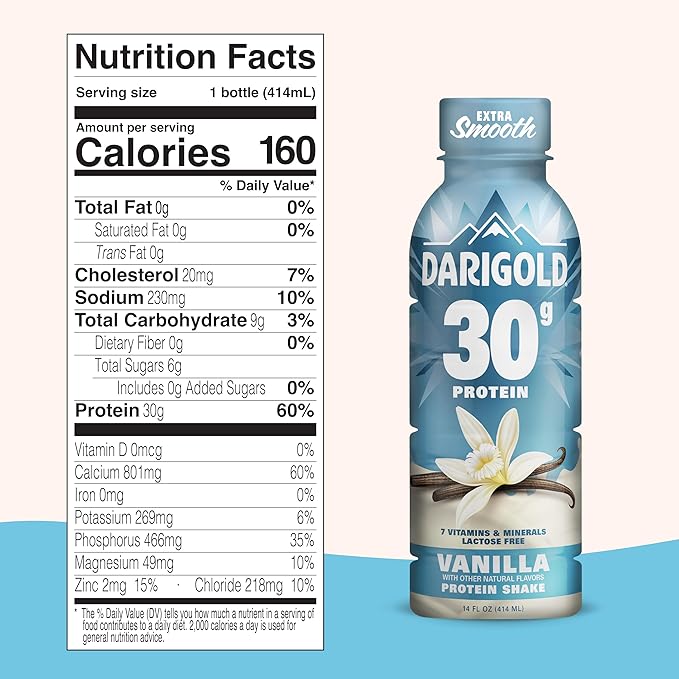 Darigold Ready to Drink Vanilla Protein Shake, 30g Protein, No Added Sugar, Lactose Free, Only 160 Calories. Electrolytes, Gluten Free - 14oz bottles 12 pack