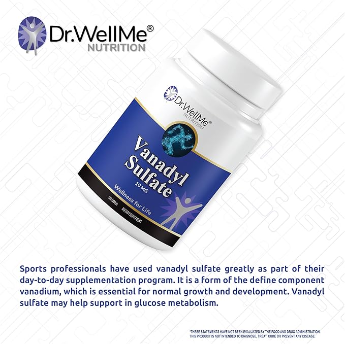 Dr. WellMe Vanadyl Sulfate 10mg – 100 Tablets Blood Sugar, Maintain Glucose & Metabolism – Non-GMO, Gluten-Free Supplement for Men & Women